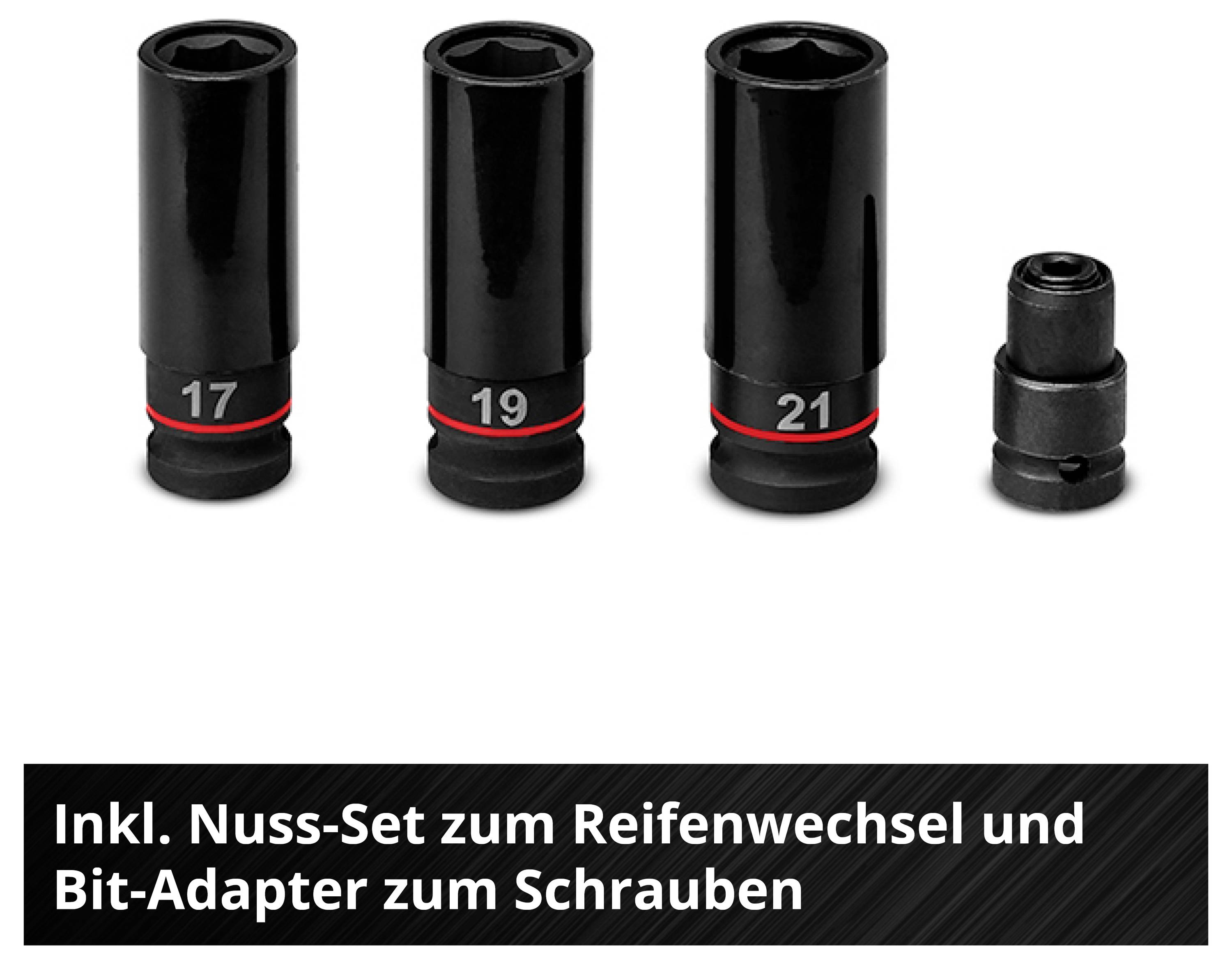 'Vierteiliger Steckschlüsselsatz: 17, 19, 21 mm Nüsse und Bit-Adapter. Geeignet für Reifenwechsel und Verschraubungen.'