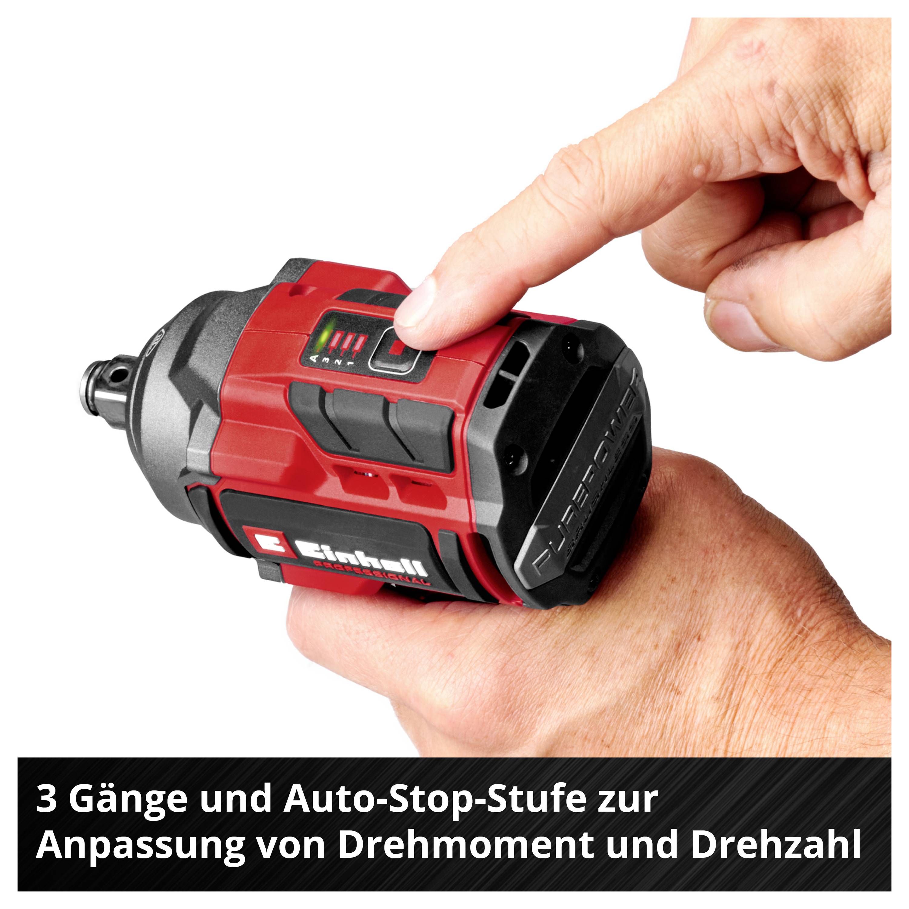 'Akkuschrauber mit drei Gängen und Auto-Stop-Funktion. Rote und schwarze Farbe, Anpassung von Drehmoment und Drehzahl möglich.'