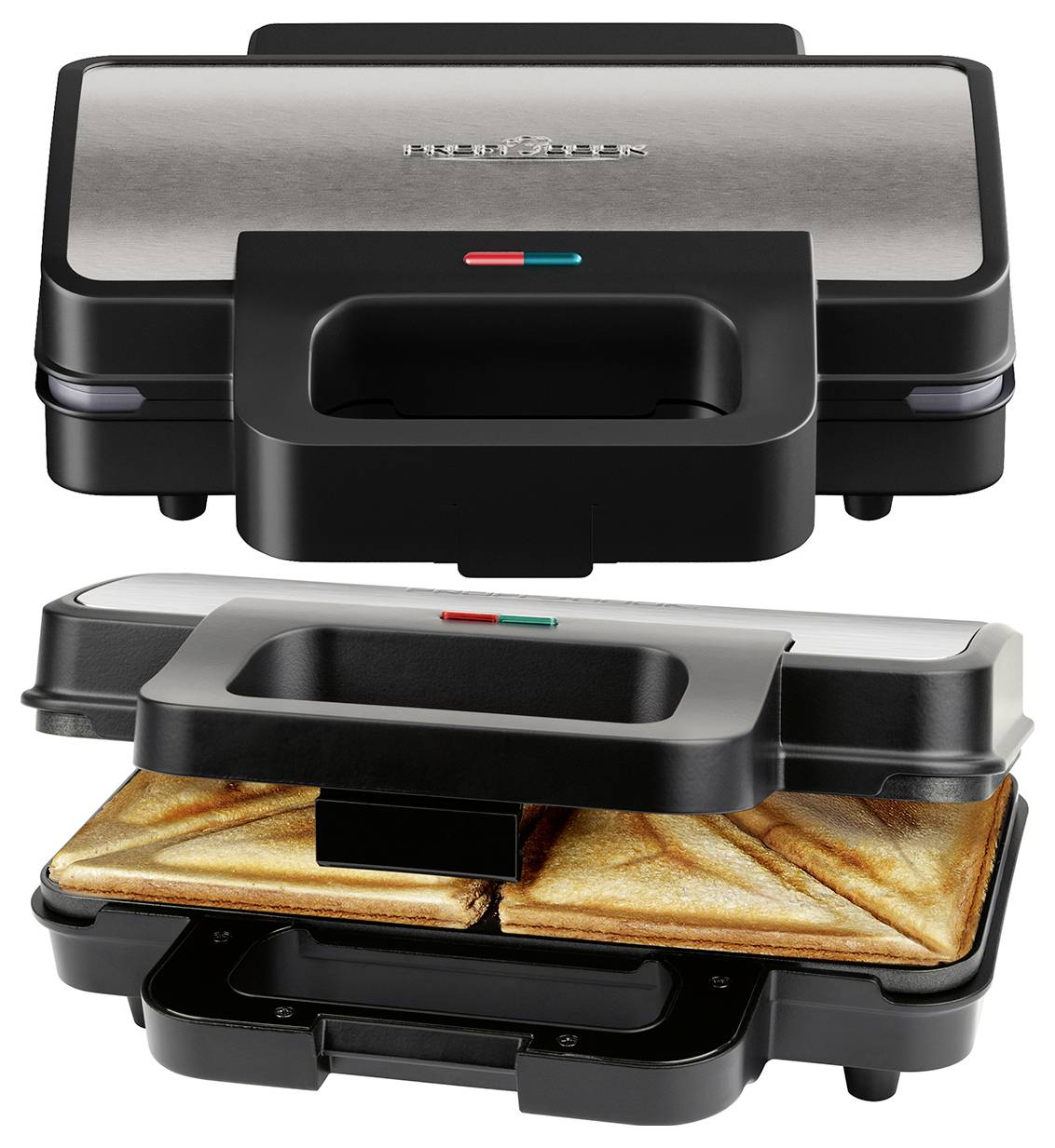 Ein doppelt beschichteter, Edelstahl-Sandwichtoaster mit Griff und Kontrollleuchten, geöffnet und mit zwei getoasteten Sandwiches im Inneren.