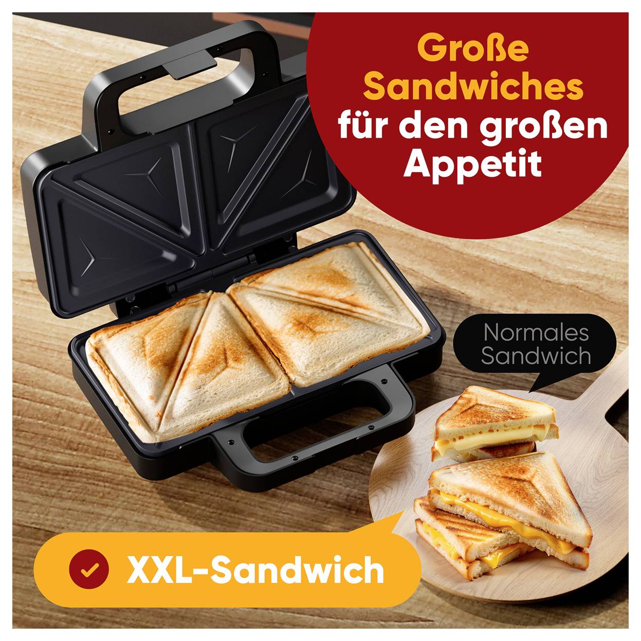Toaster mit zwei großen getoasteten Sandwiches. Text: 'Große Sandwiches für den großen Appetit'. Vergleich mit kleinem Sandwich.