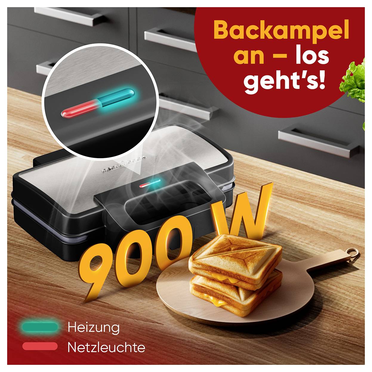 Toaster in einer Küche, linke obere Ecke zeigt 'Backampel an – los geht's!'; 900W und Bild von Sandwiches zu sehen, Leuchten für Heizung und Netz.