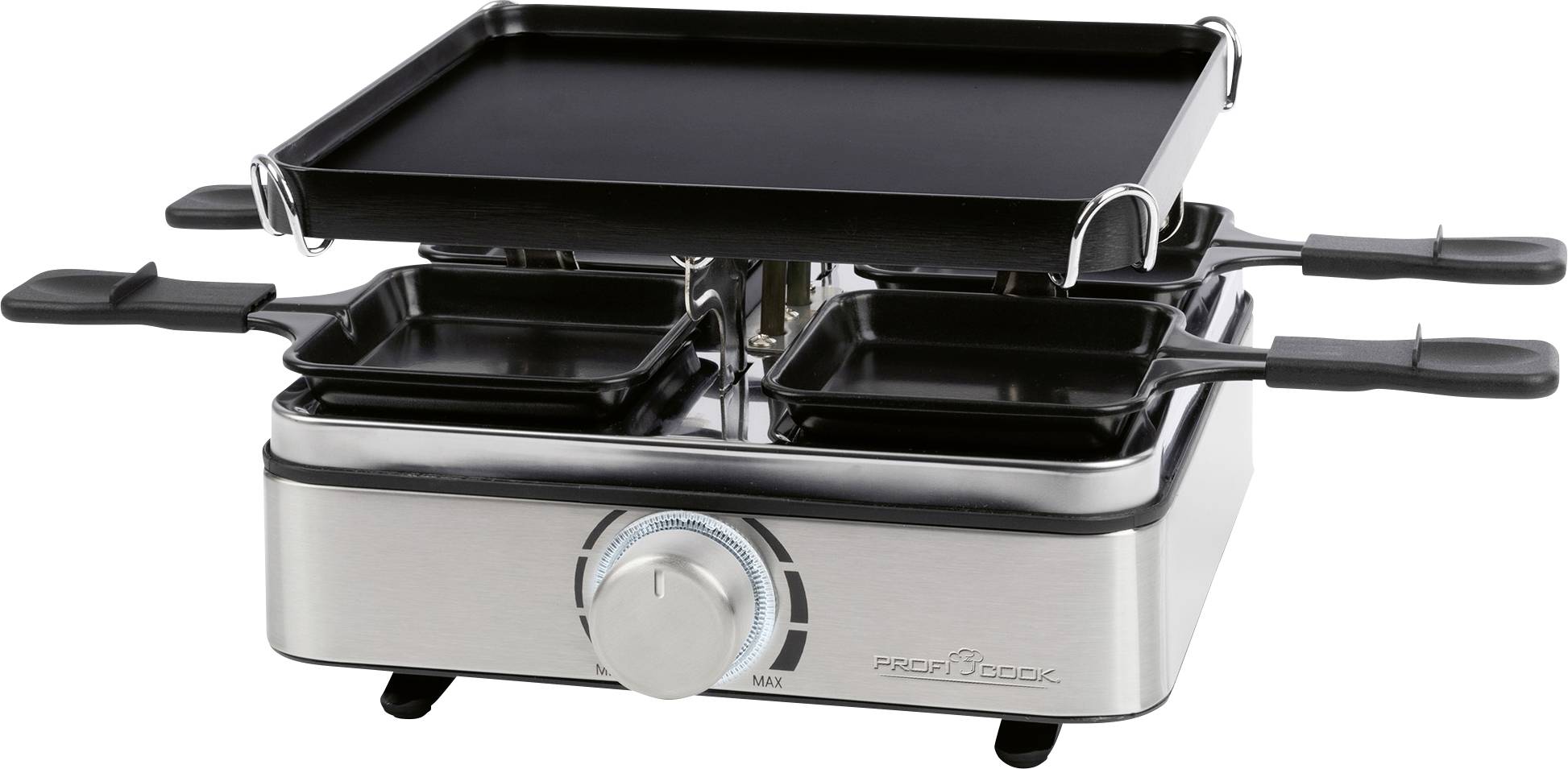 Ein silberner Raclette-Grill mit einer Grillplatte oben und mehreren Schalen darunter für individuelle Portionen, entwickelt für gemeinsames Kochen.