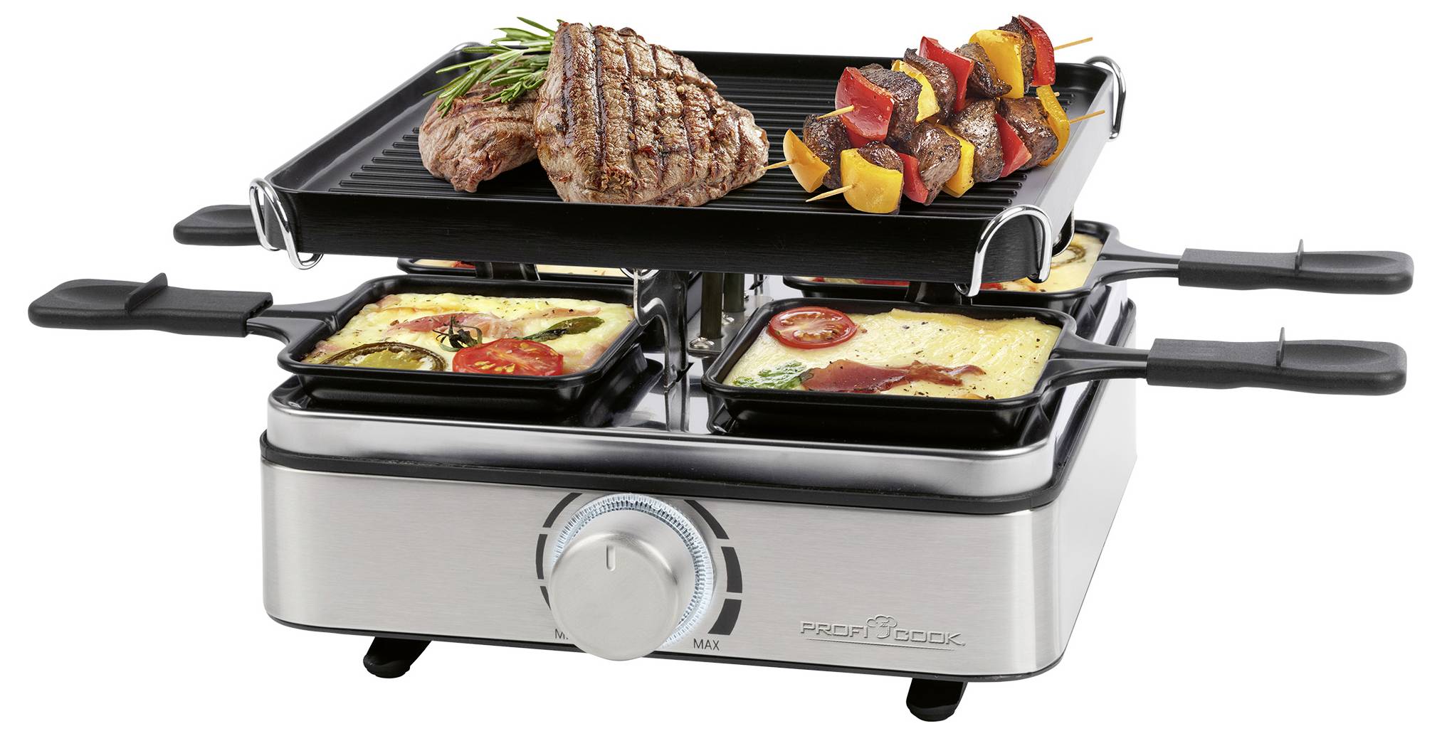 Ein Raclette-Grill mit gegrilltem Steak, Kebabs und Käse in Schalen.