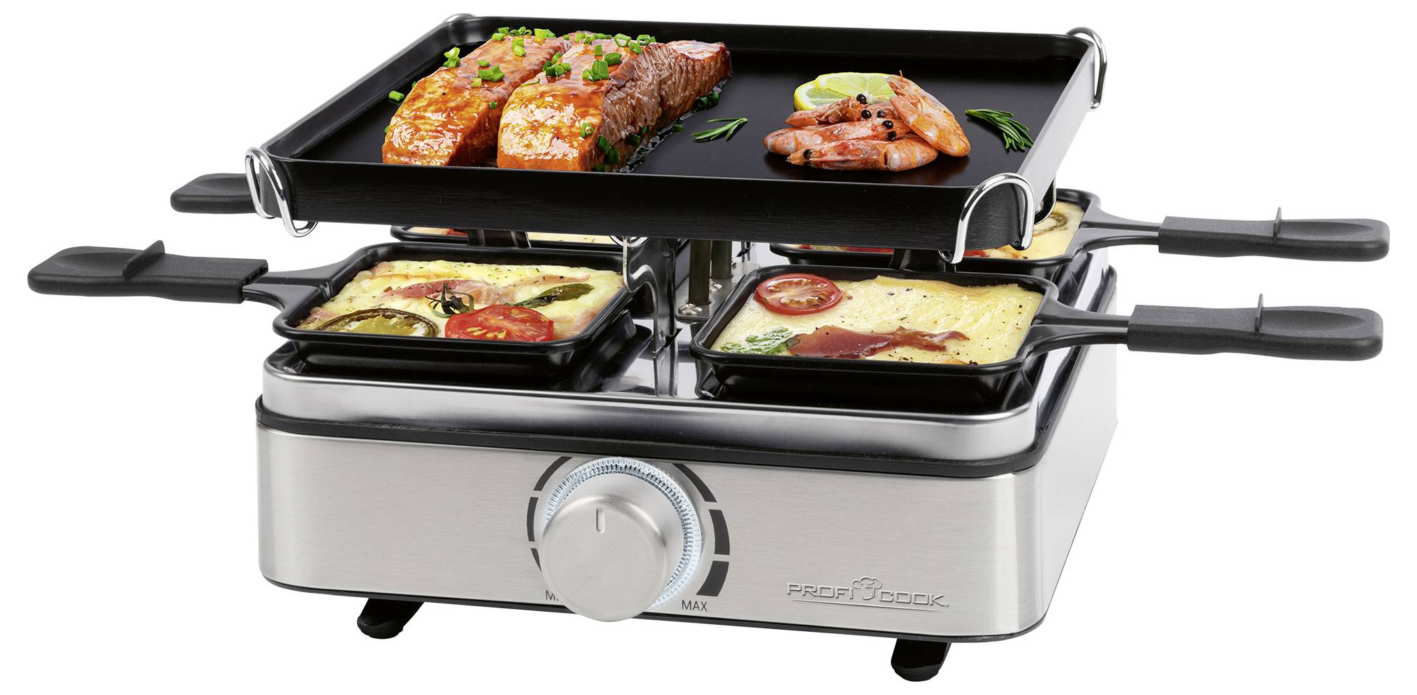 Edelstahl-Raclette-Grill mit gewürztem Lachs, Garnelen und Käsegerichten auf Tellern, ausgestattet mit einstellbarem Temperaturregler.