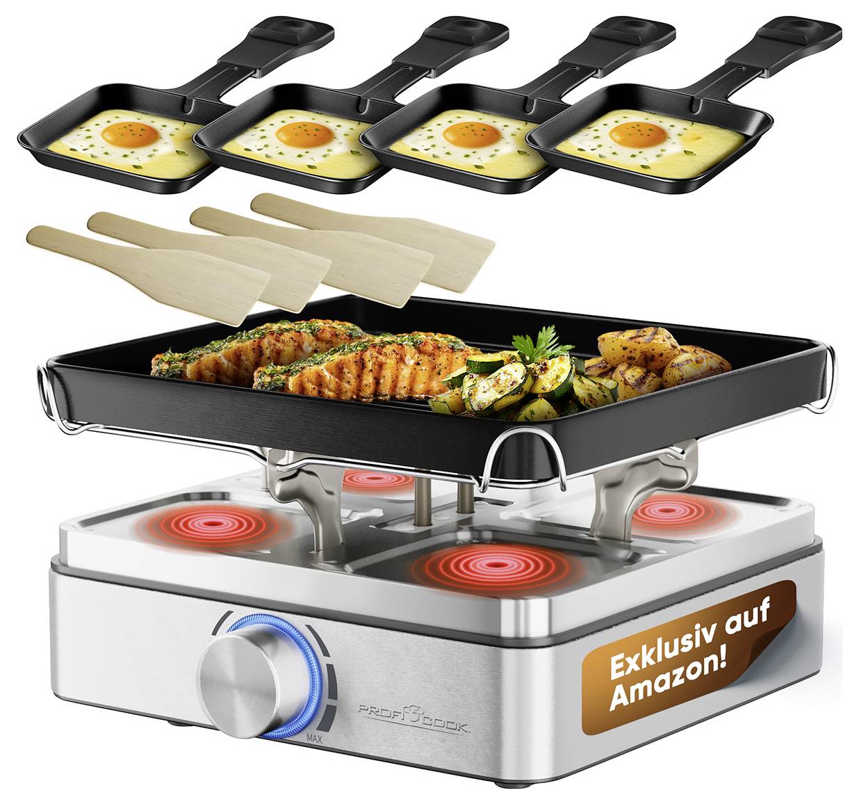 Elektrischer Raclette-Grill mit einer Antihaft-Oberfläche, der vier separate Pfännchen für Eier aufheizen und Kartoffeln und Hähnchen grillen kann.