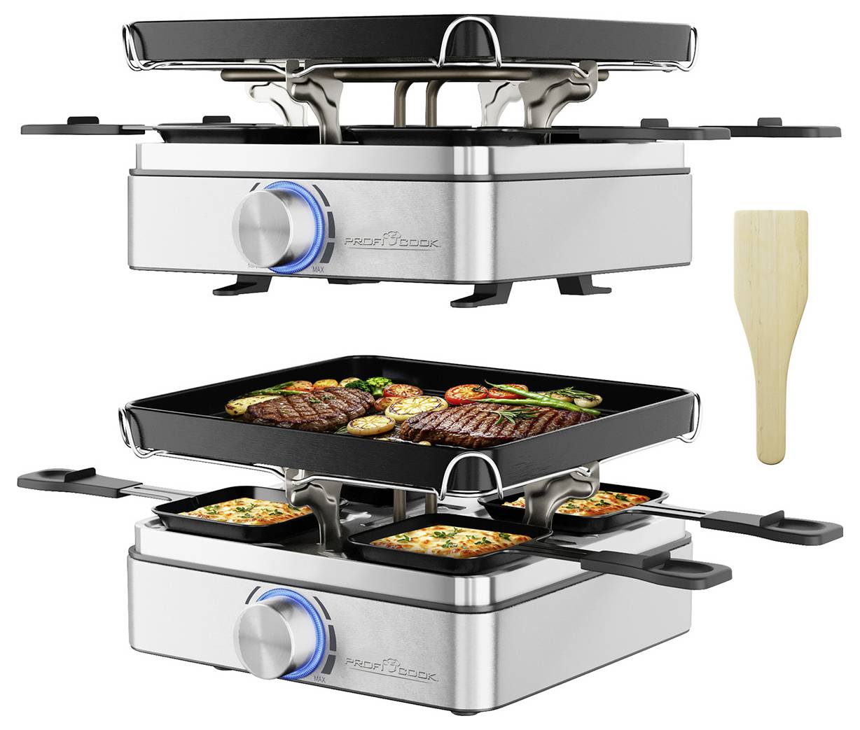 Zweischichtiger elektrischer Grill mit einstellbarem Temperaturregler, Gemüse und Fleisch oben zum Grillen und Gerichten unten zum Kochen, Pfannenwender an der Seite.