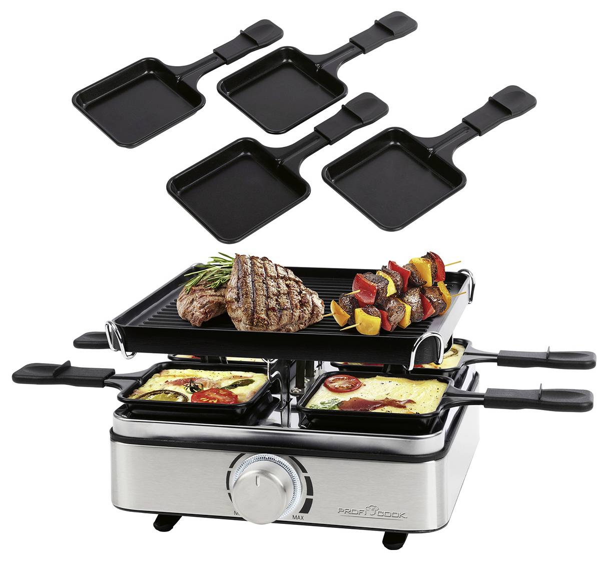 Ein Raclette-Grill mit Steak und Spießen auf dem oberen Grill und schmelzendem Käse in Schalen darunter. Inklusive vier individueller Servierformen.