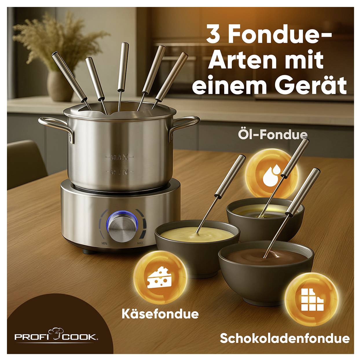 'Fondue-Set mit Töpfen für Öl-, Käse- und Schokoladenfondue; Text oben rechts: 3 Fondue-Arten mit einem Gerät.'
