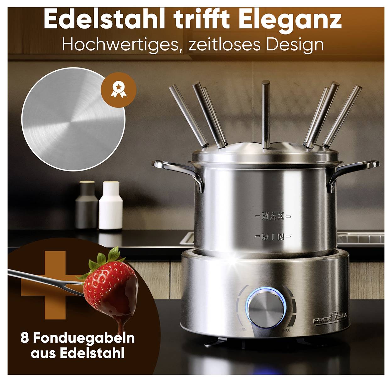 Edelstahlfondueset mit acht Fonduegabeln. Überschrift: 'Edelstahl trifft Eleganz'. Hochwertiges, zeitloses Design.