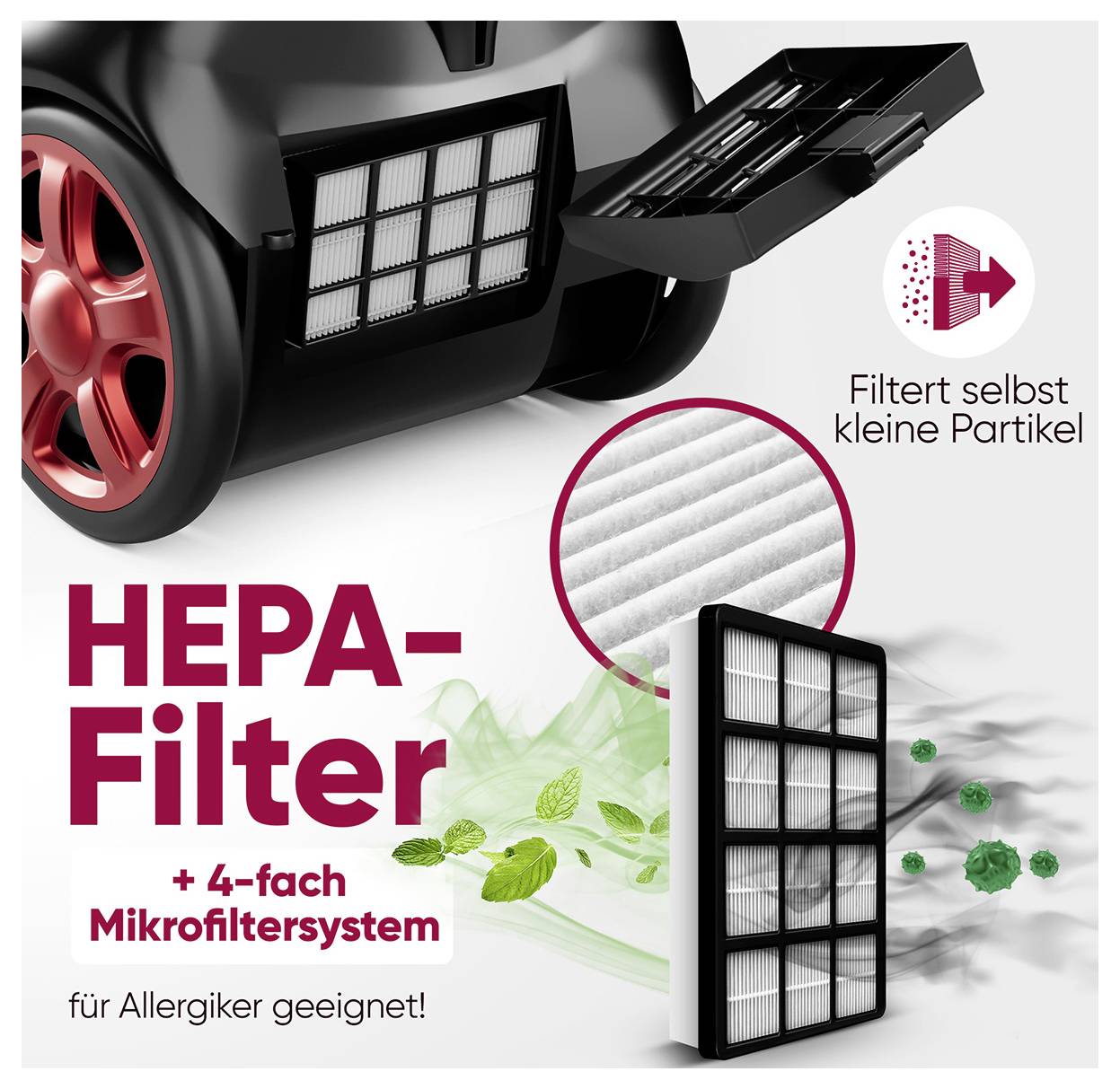 'HEPA-Filter mit 4-fach Mikrofiltersystem für Allergiker geeignet. Filtert selbst kleine Partikel. Bild zeigt Filter und Partikel.'