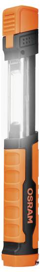Eine orange-schwarze Handlampe mit der Aufschrift 'OSRAM', transparenter Lichtabdeckung und strukturiertem Griff.