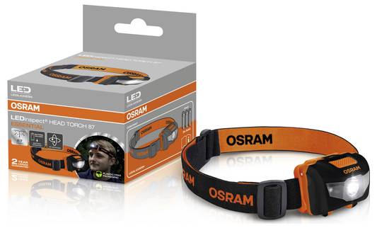 'OSRAM LED-Stirnlampe, Modell LEDinspect Head Torch 87, in Schwarz und Orange. Das Paket enthält die Taschenlampe und zwei wiederaufladbare Batterien.'