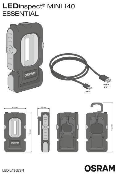 'Osram LEDinspect MINI 140 ESSENTIAL' tragbare Arbeitsleuchte mit USB-C/USB-A-Kabel. Vorder- und Seitenansicht mit dargestellten Abmessungen.