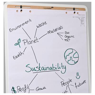 Eine Gedankenkarte auf einem Whiteboard mit dem Titel "Nachhaltigkeit" verweist auf die Begriffe "Planet, Umwelt, Abfall, Materialien, Menschen, Wachstum, Gewinn, Zukunft".