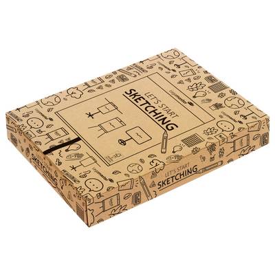 Eine geschlossene Skizzenbox mit Gekritzel und dem Text "LASS UNS ANFANGEN ZU ZEICHNEN", auf deren Deckel Kunstutensilien wie Bleistifte und Skizzenblöcke zu sehen sind.