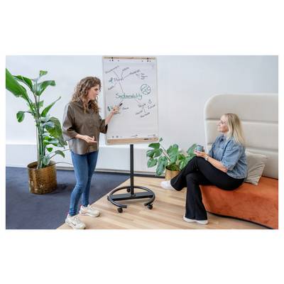Zwei Frauen diskutieren über 'Nachhaltigkeit' an einem Flipchart. Eine steht und zeigt auf Notizen; die andere sitzt mit einem Notizbuch und ist engagiert.