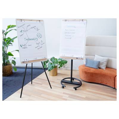 Zwei Flipcharts mit Notizen zu Nachhaltigkeit und ein leeres, umgeben von Pflanzen und einem orangefarbenen Sofa in einem modernen Büroumfeld.