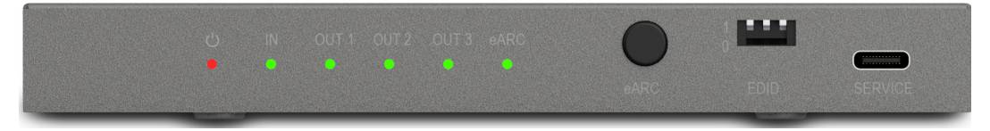 Ein grauer Netzwerkgeräte-Frontpanel mit roter Stromanzeigelampe, fünf grünen LED-Statusleuchten, beschriftet von 'OUT 1' bis 'OUT 4', USB-C-Anschluss und Reset-Taste.