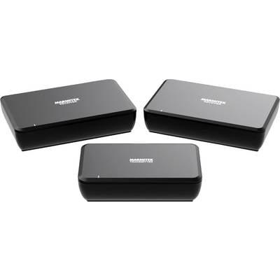 Drei schwarze rechteckige Marmitek TV Anywhere Empfänger übertragen Signale zwischen Geräten drahtlos.