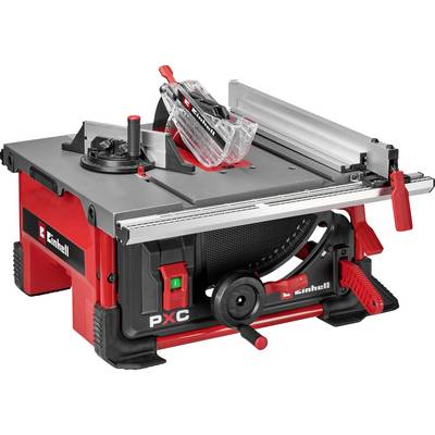 Ein roter und schwarzer Einhell PXC Tischkreissäge mit verstellbarem Sägeblattwinkel und Führungsschiene. Verfügt über einen Notaus-Schalter und eine Sägeblattabdeckung.