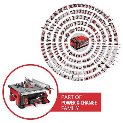 Kreis von über 100 Werkzeugen um eine zentrale Batterie, der die Zugehörigkeit zur Power X-Change-Familie unterstreicht.