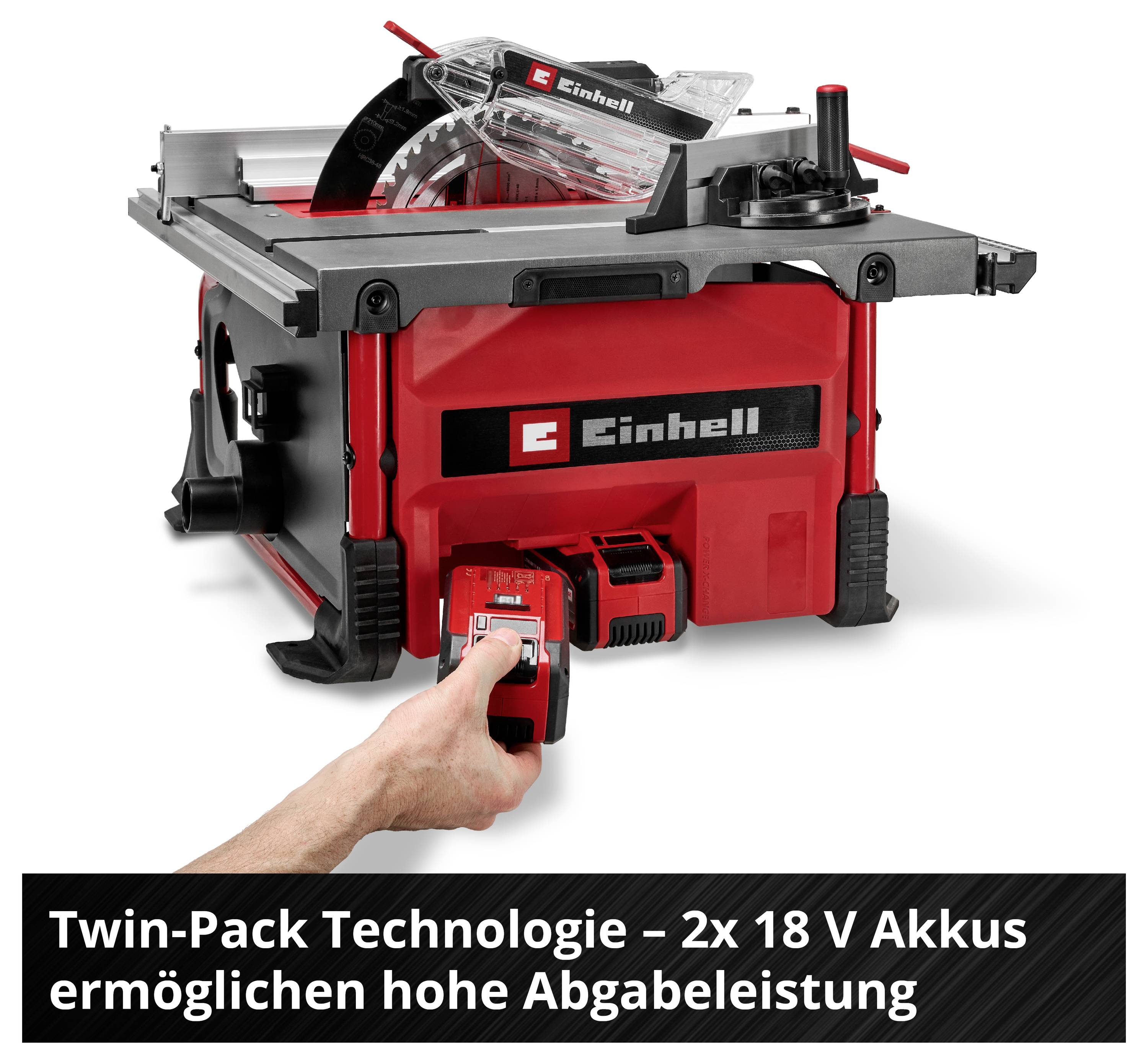 Ein roter Einhell Tischkreissäge mit einer transparenten Schutzhaube. Eine Hand schiebt einen Akku in die Säge. Text lautet: 'Twin-Pack Technologie - 2x 18 V Akkus ermöglichen hohe Abgabeleistung.'