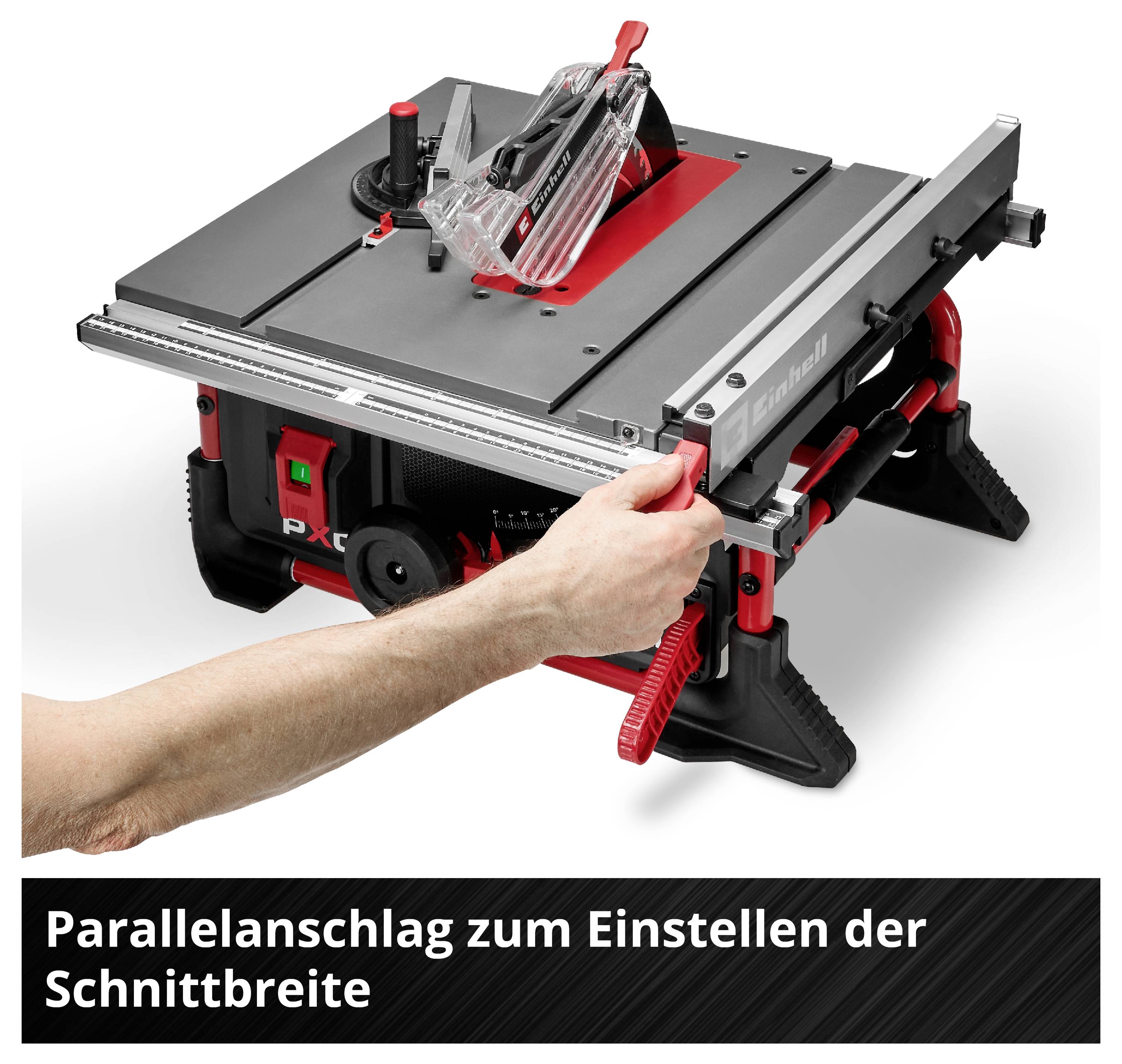 Tischkreissäge mit verstellbarem Parallelanschlag. Handverstellung des Anschlags zur Einstellung der Schnittbreite. Text im Bild: 'Parallelanschlag zum Einstellen der Schnittbreite'.