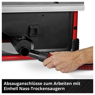 Eine Hand schließt einen Schlauch an eine Maschine an und zeigt damit die Kompatibilität mit Einhell Nass-Trockensaugern. Text lautet: 'Absauganschlüsse zum Arbeiten mit Einhell Nass-Trockensaugern'