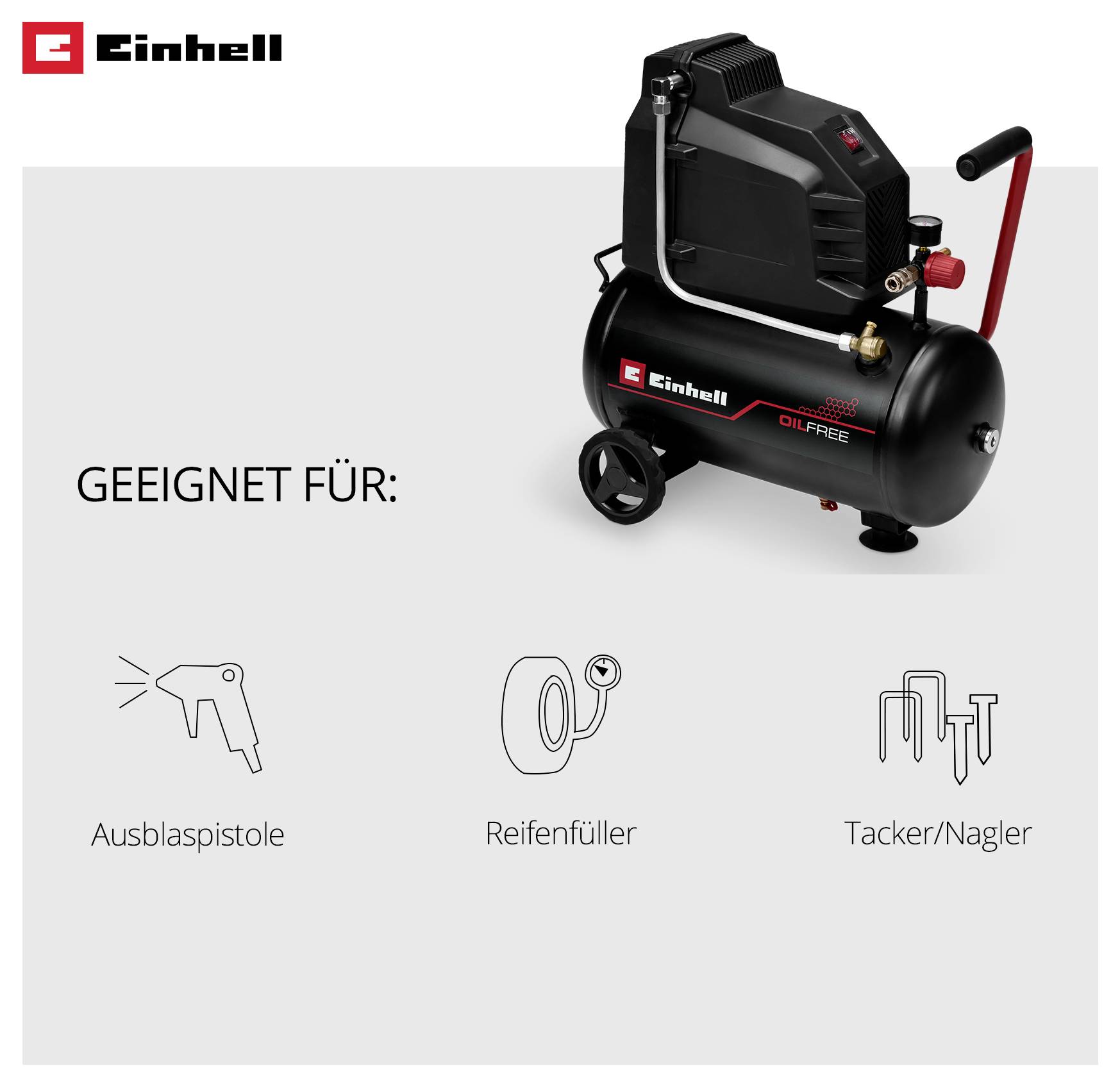 Einhell ölfreier Kompressor; geeignet für Ausblaspistole, Reifenfüller und Tacker/Nagler.<br>