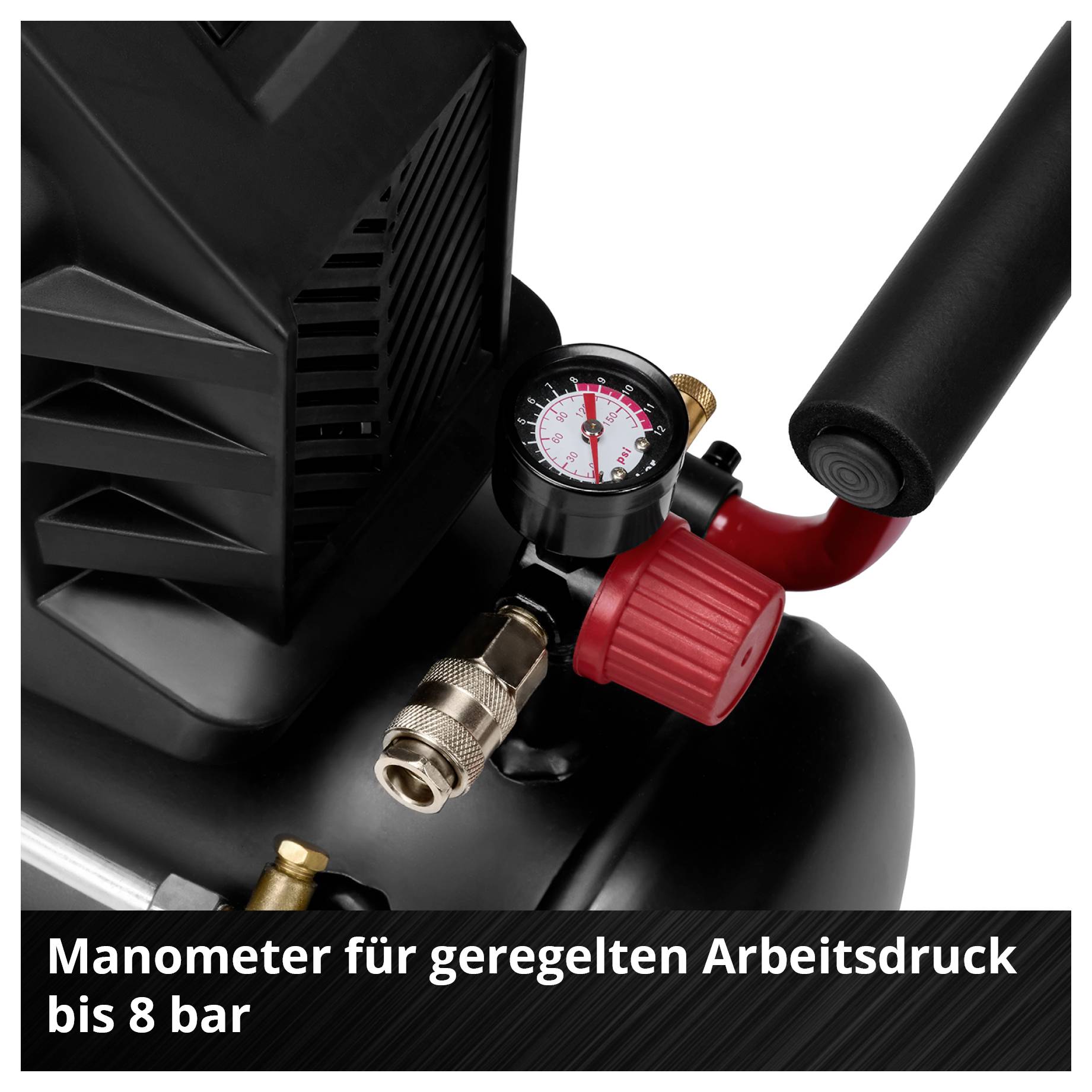 Manometer an einem Kompressor, Anzeige für geregelten Arbeitsdruck bis 8 bar.