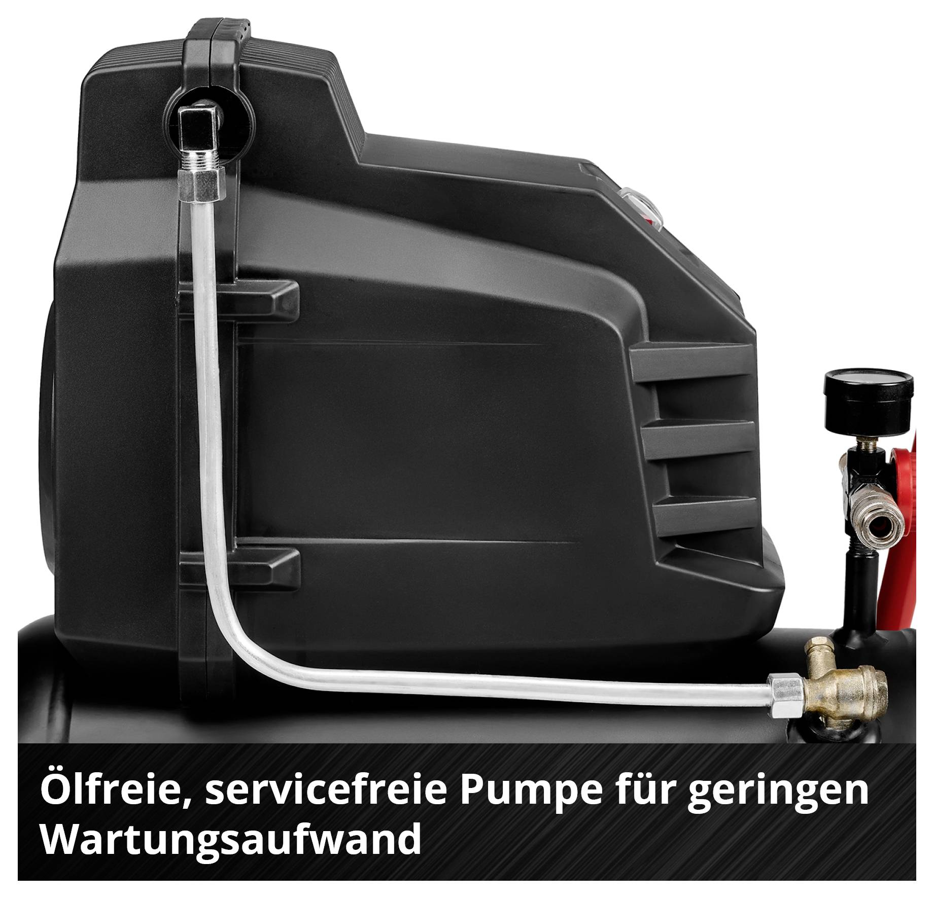 Ölfreie, servicefreie Pumpe mit Rohrleitungen und Anschlüssen; Bildtext: 'Ölfreie, servicefreie Pumpe für geringen Wartungsaufwand'<br>