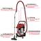 'Nass-Trockensauger mit rotem Deckel und schwarzem Körper; enthält Informationen über Filterreinigung, Saugleistung, und Steckdose.'