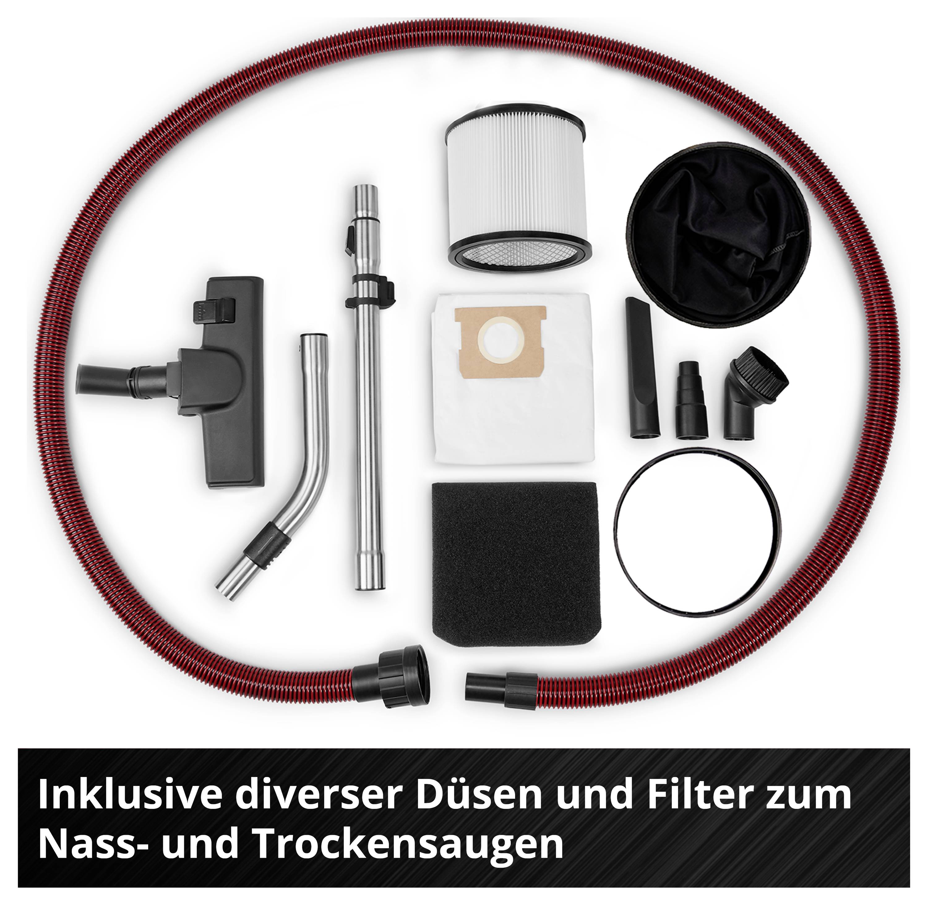 Diverse Staubsaugeraufsätze, Schläuche und Filter für Nass- und Trockensaugen, angeordnet auf weißem Hintergrund.