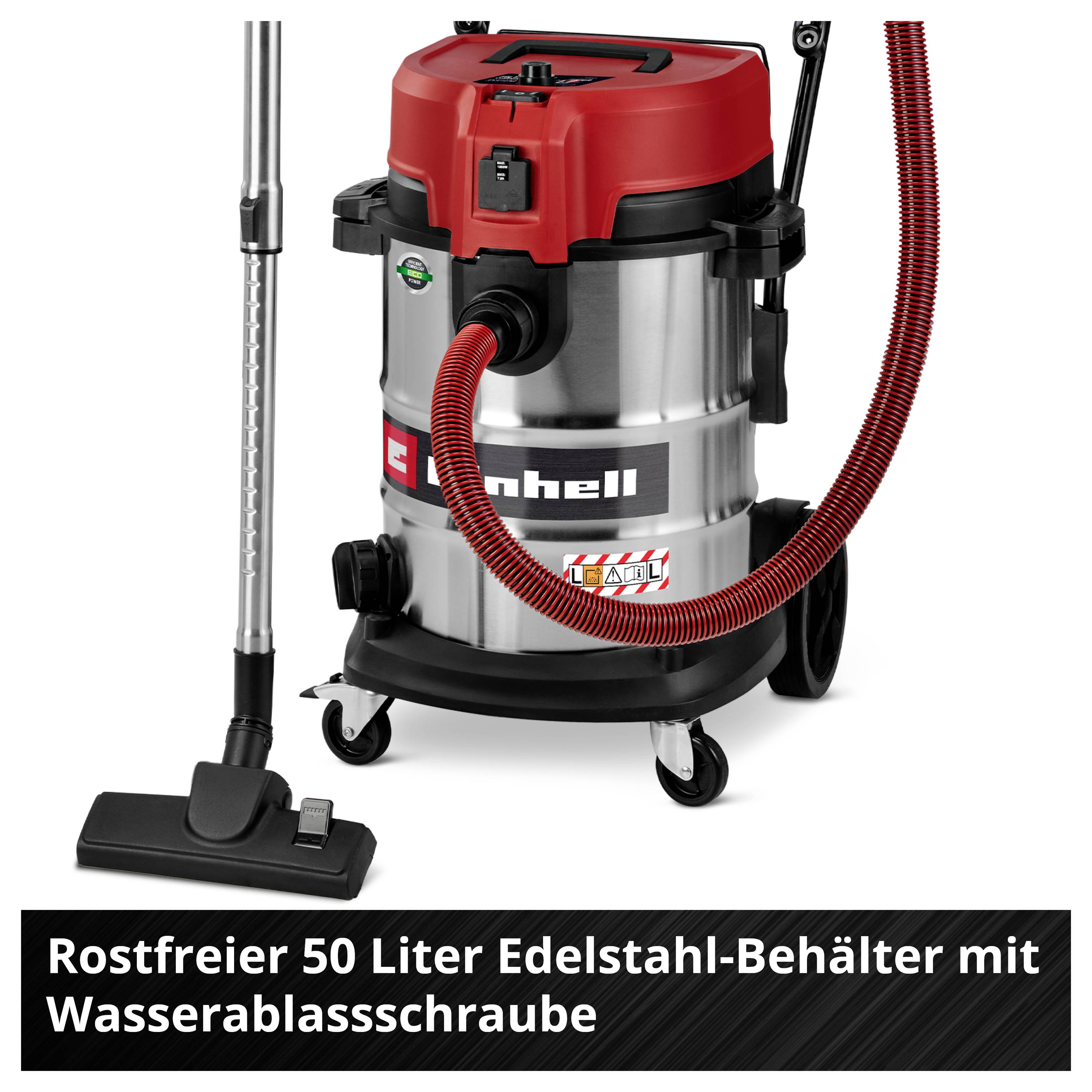 'Leistungsstarker Nass- und Trockensauger mit 50-Liter-Edelstahlbehälter und Wasserablassschraube. Ideal für vielseitige Reinigungsaufgaben.'