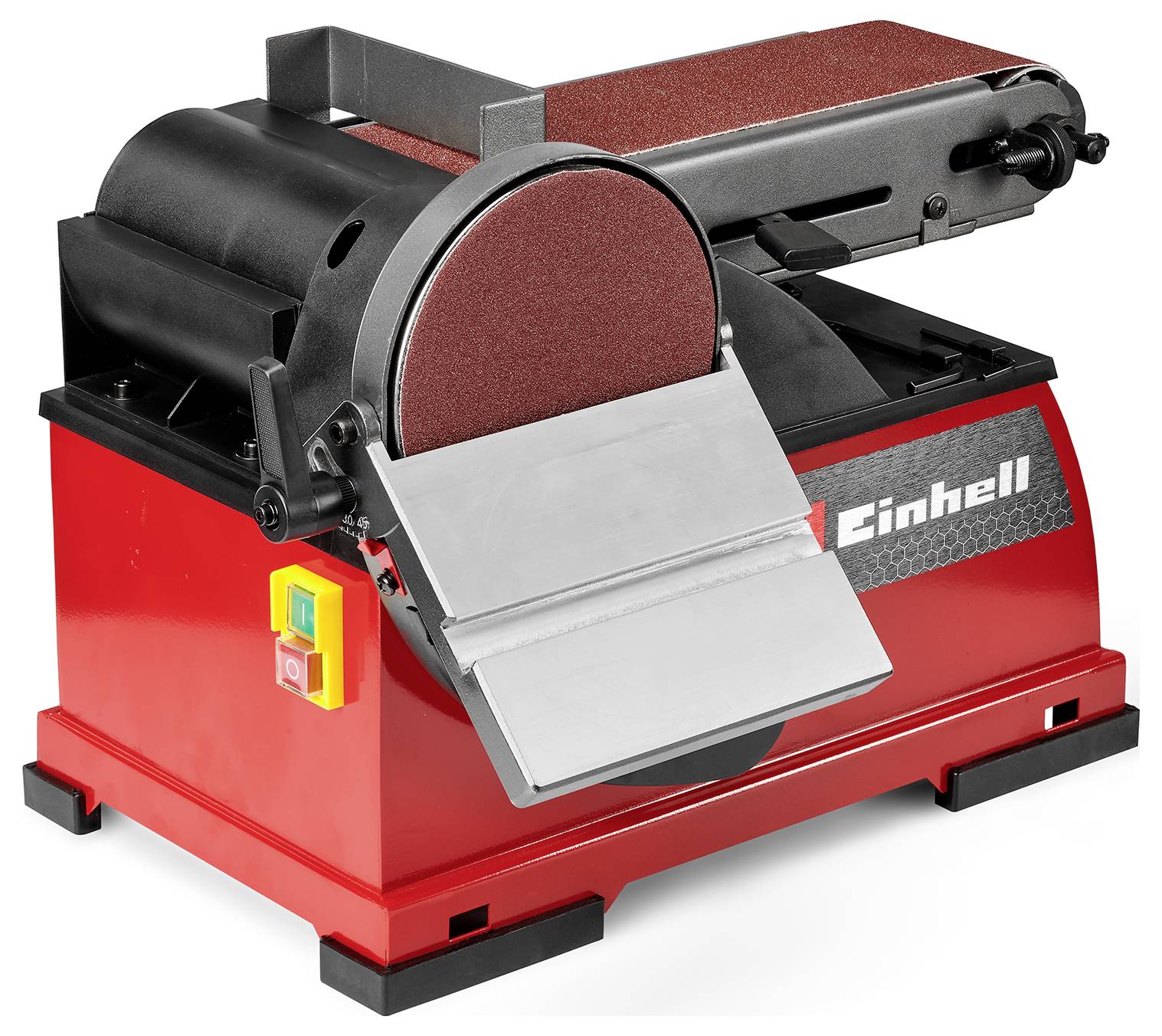 Rot-schwarze Bandschleifmaschine mit Scheiben- und Bandschleifvorrichtung; verstellbarer Metallarb­eitstisch vor dem Schleifscheibensander. Einschalttasten sichtbar.