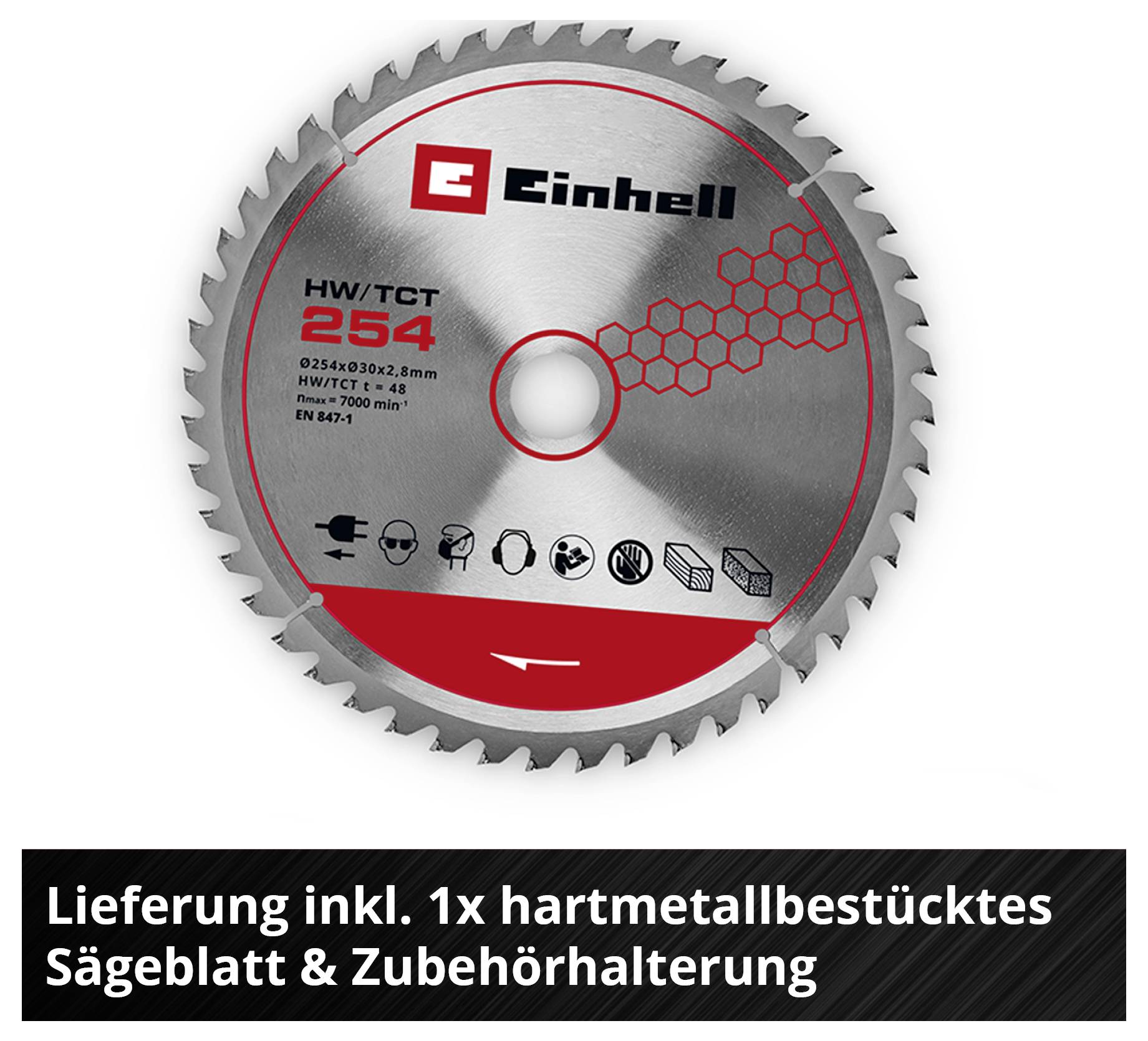 Sägeblatt der Marke Einhell mit hartmetallbestückten Zähnen. Text: 'Lieferung inkl. 1x hartmetallbestücktes Sägeblatt & Zubehörhalterung'.
