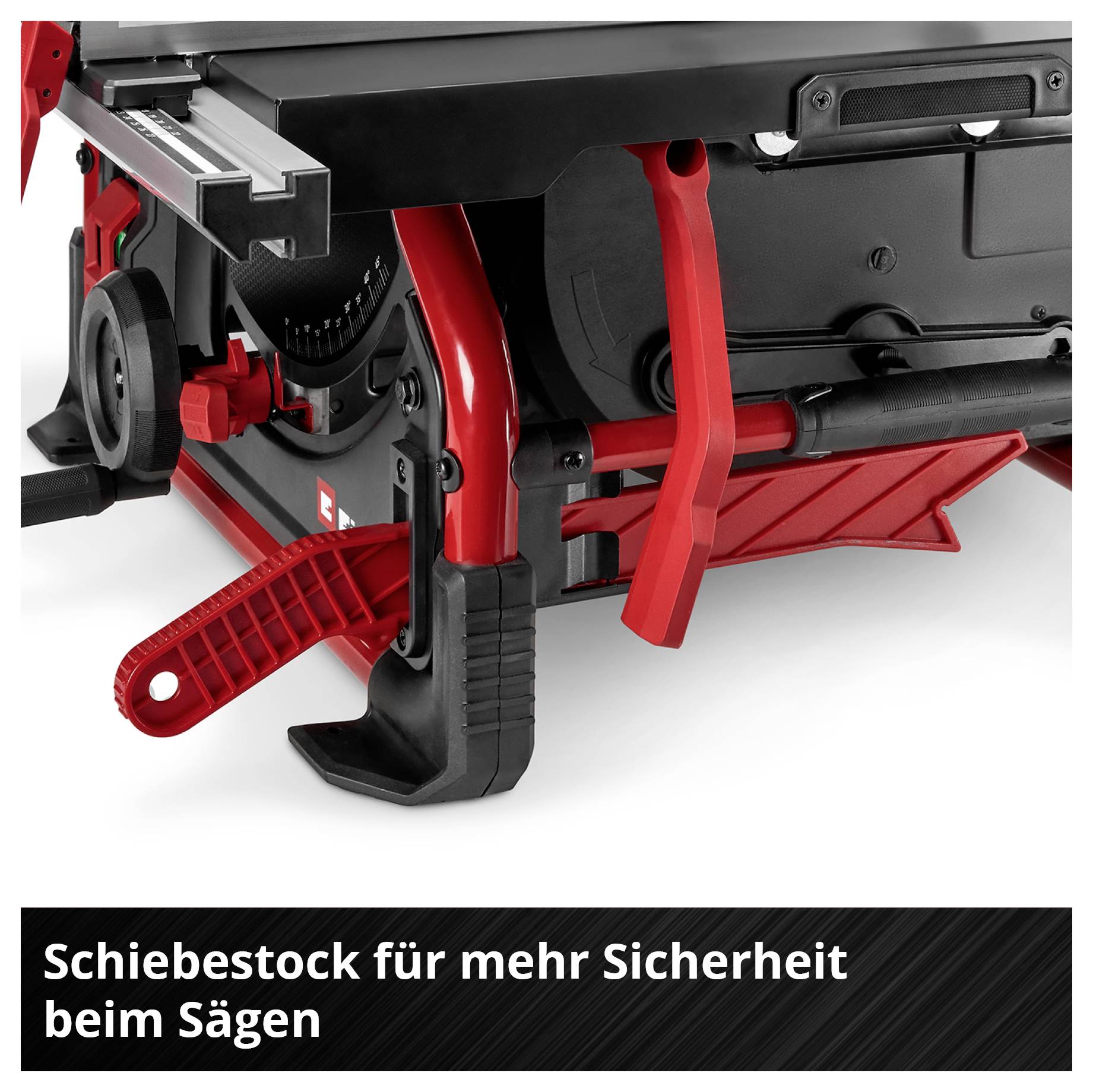 Ein roter Schiebestock auf einer Tischkreissäge, mit Hinweis: 'Schiebestock für mehr Sicherheit beim Sägen'.
