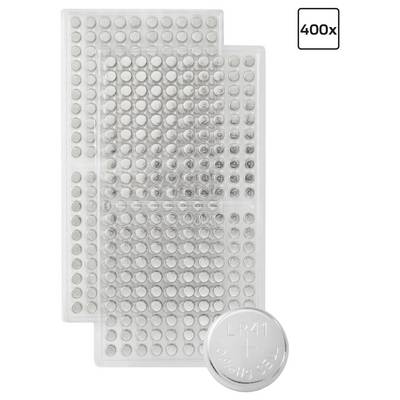 „400er" Pack mit gestapelten LR41-Knopfzellenbatterien, mit klarer Verpackung und sichtbaren Reihen einzelner Batterien.