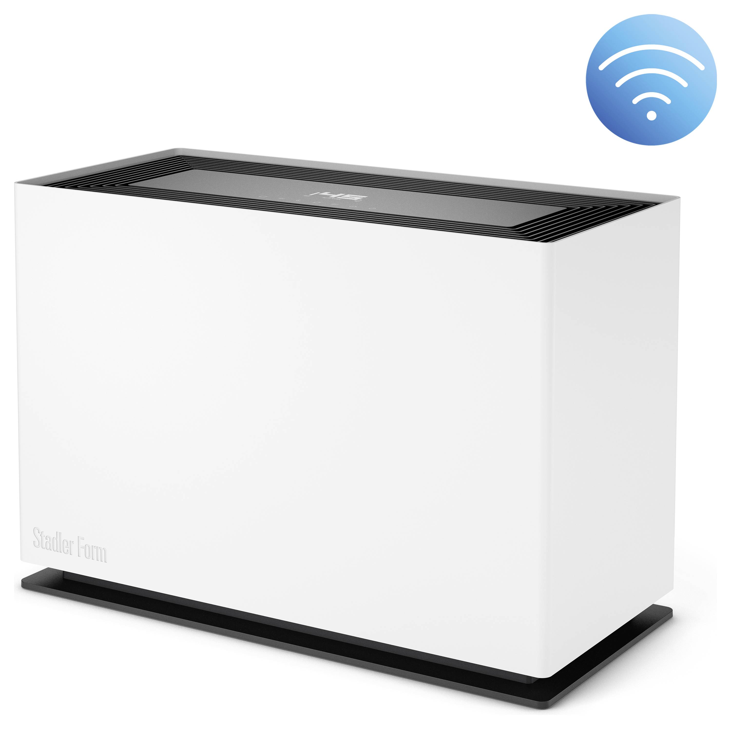 Ein schlankes weißes elektronisches Gerät mit matter Oberfläche, das über ein Bedienfeld auf der Oberseite und ein WLAN-Symbol zur Anzeige der drahtlosen Konnektivität verfügt.