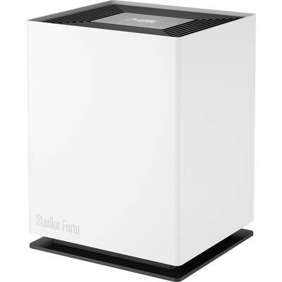 Weißer Stadler Form Luftbefeuchter auf schwarzer Basis, mit minimalistischem Würfeldesign und cleanen Linien, passend für moderne Innenräume.
