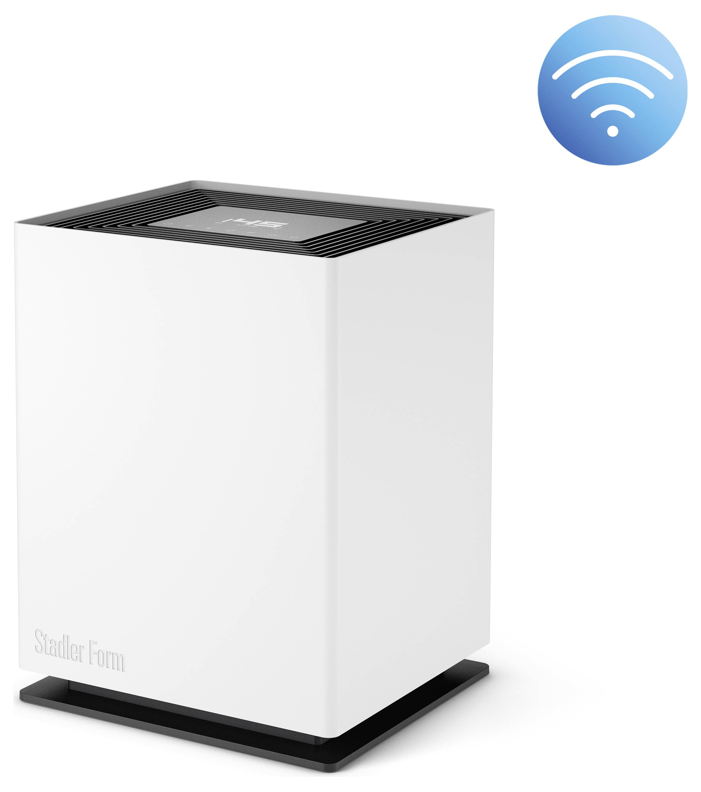 Ein weißer Luftreiniger mit elegantem Design, der über ein digitales Display auf der Oberseite verfügt. Ein WLAN-Symbol ist zu sehen, was auf drahtlose Funktionalität hinweist.