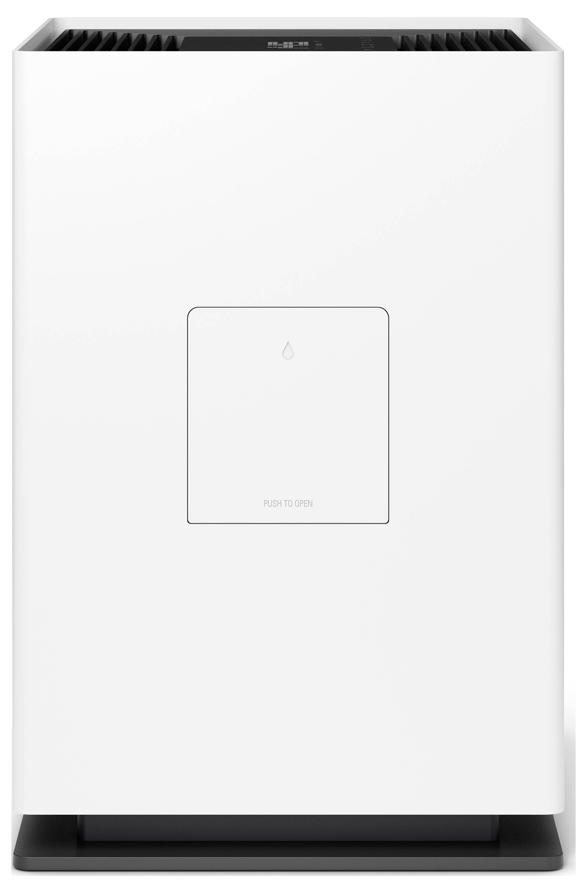 Ein weißer rechteckiger Luftreiniger mit minimalistischem Design, der ein kleines Frontpanel zum Zugang zum Inneren aufweist.