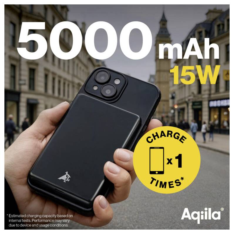 Eine Hand hält eine schwarze tragbare Powerbank mit einer Kapazität von 5000 mAh, 15W vor einer Stadtlandschaft. Der Text zeigt "Ladezeiten x1" an.