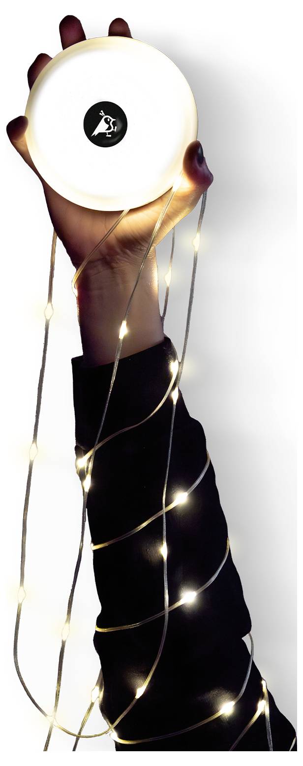 Eine Hand hält ein rundes, beleuchtetes Objekt mit einem Logo in der Mitte, geschmückt mit leuchtenden Lichterketten, die sich die Arme hinunterschlängeln.