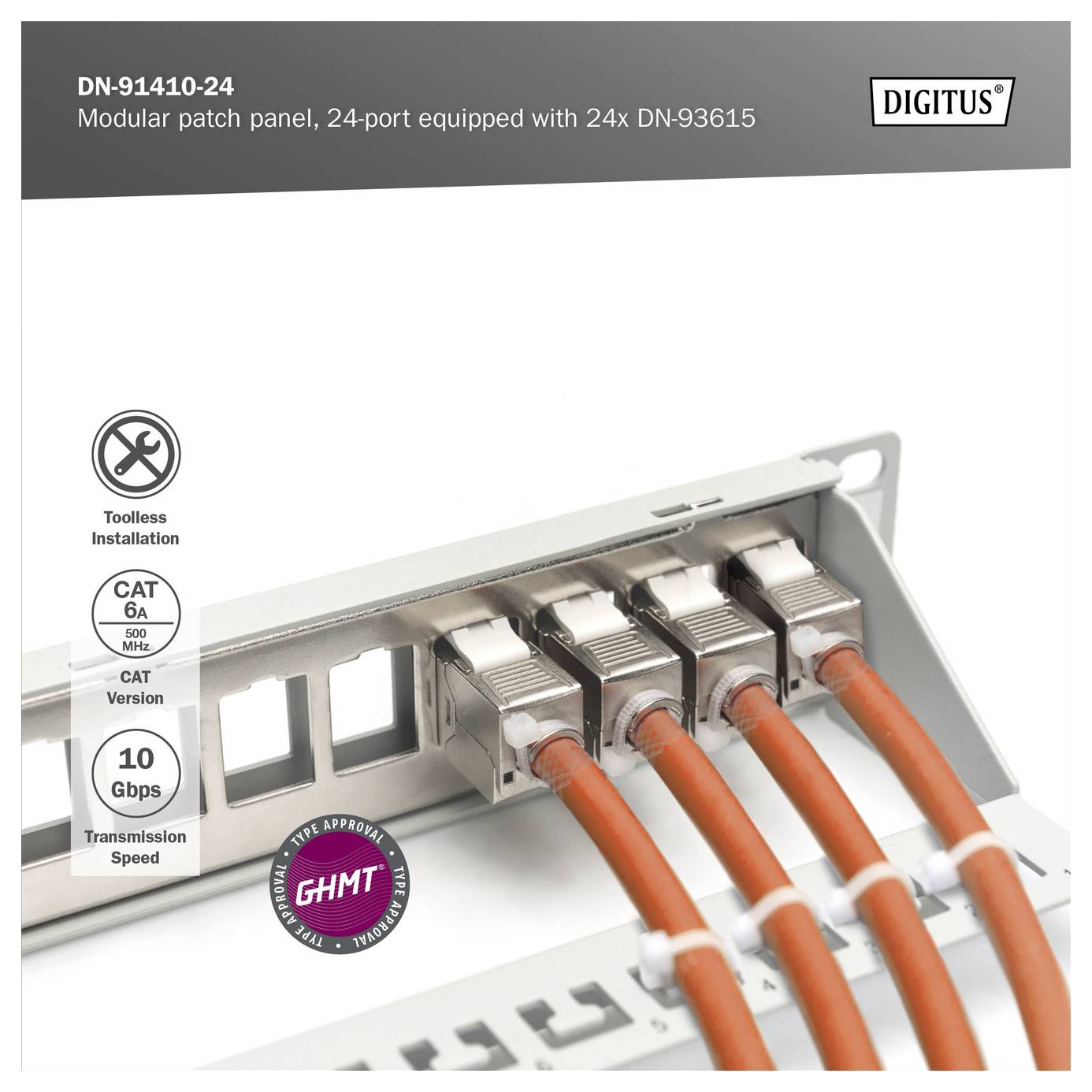 Modulares Patchfeld mit 24 Anschlüssen, ausgestattet mit 24x DN-93615. Zu den Merkmalen gehören CAT 6A, 10-Gbps-Übertragungsgeschwindigkeit, werkzeugloses Installationssystem und GHMT-Gütesiegel.