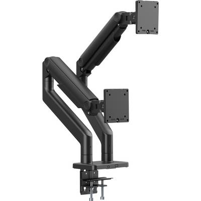 Eine Dual-Monitor-Schwenkarmhalterung in Schwarz, entwickelt für die Montage auf dem Schreibtisch. Sie verfügt über zwei verstellbare Arme für ergonomische Bildschirmpositionierung.
