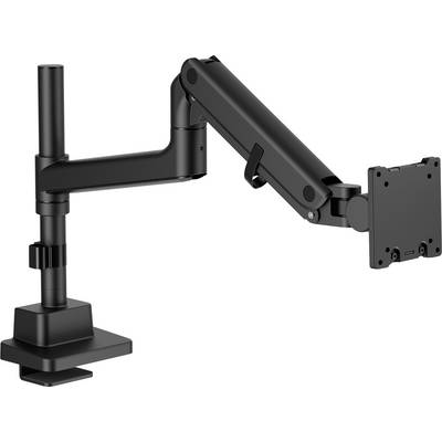 Schwarzer verstellbarer Monitorarm mit Klemmfuß, verstellbaren Scharnieren und einer VESA-Befestigungsplatte zum Anbringen eines Computerbildschirms.