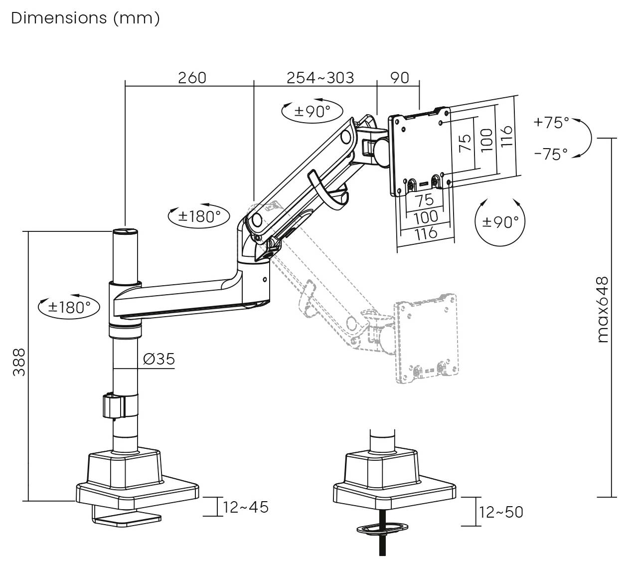 „Verstellbare Monitorhalterung Abmessungen: Höhe 388mm, Armreichweite 260-303mm, Neigung +75°/-75°, Drehung ±90°, Schwenkbereich ±180°."