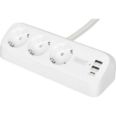 Eine weiße Steckdosenleiste mit drei europäischen Steckdosen und zwei USB-Anschlüssen an der Seite. Der Markenname „DIGITUS" ist darauf gedruckt.