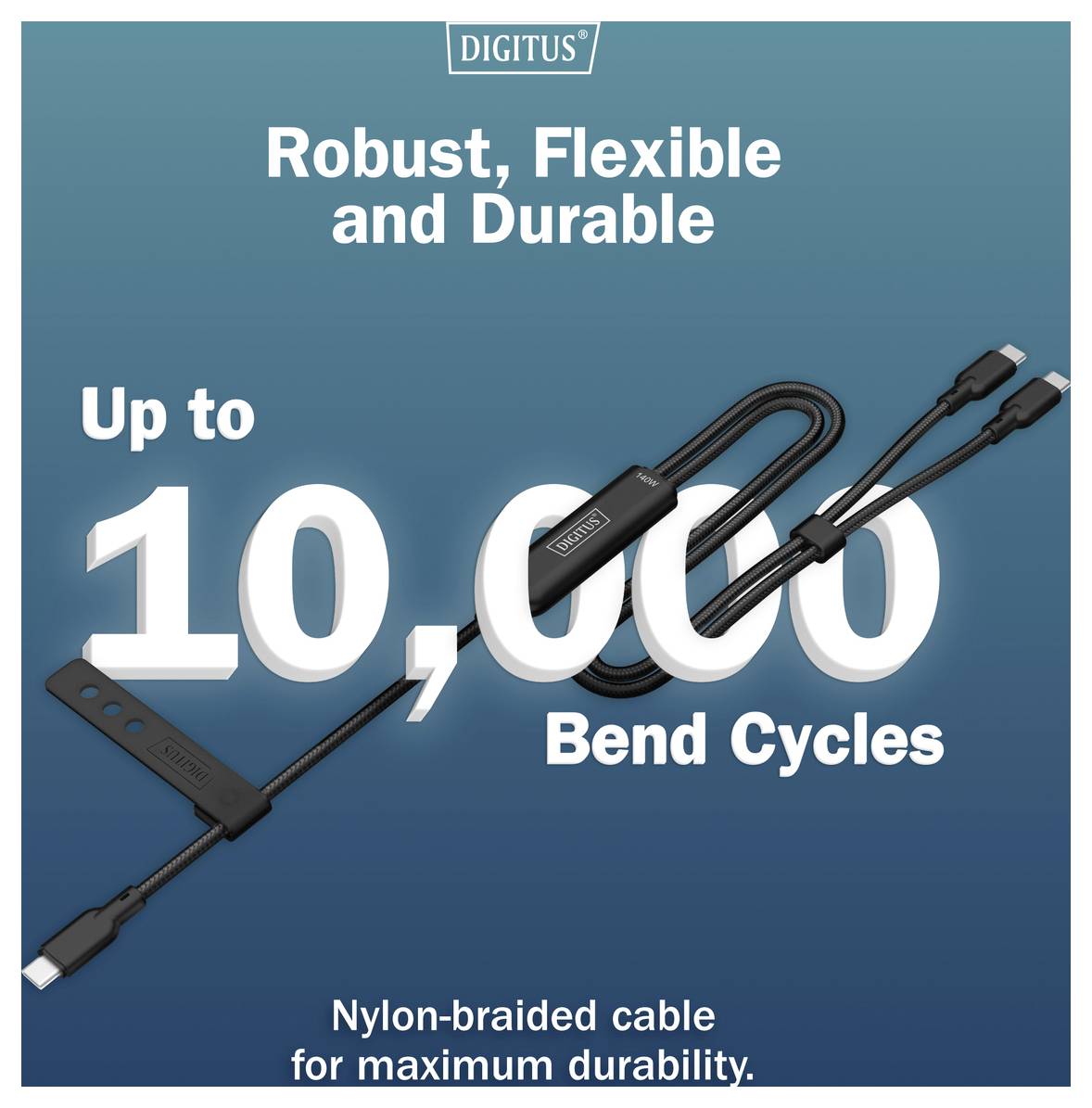 Das Bild zeigt ein robustes, flexibles und langlebiges Kabel, das 10.000 Biegungen standhält und dessen geflochtenes Nylon-Design maximale Haltbarkeit unterstreicht.